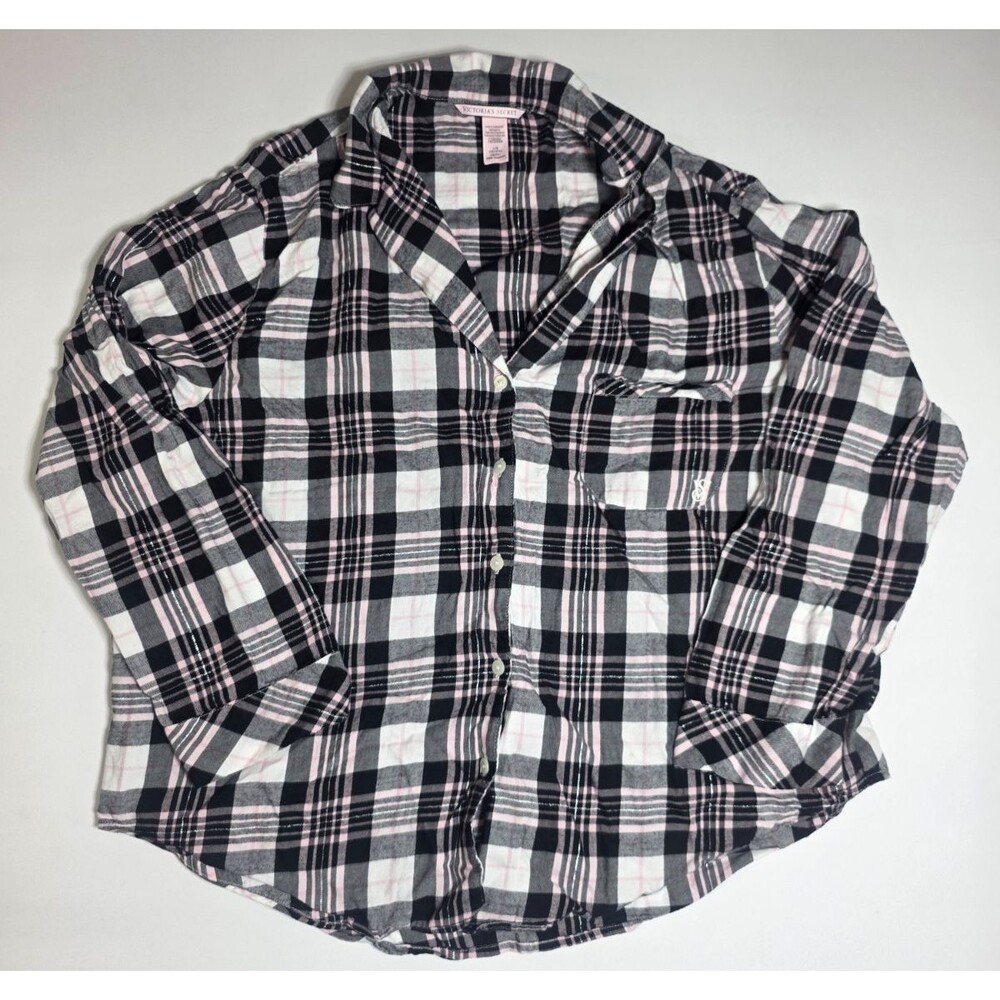 Victorias Secret Sleepwear Womens L Black Pink Plaid Lurex Pajama Top Cotton Ble